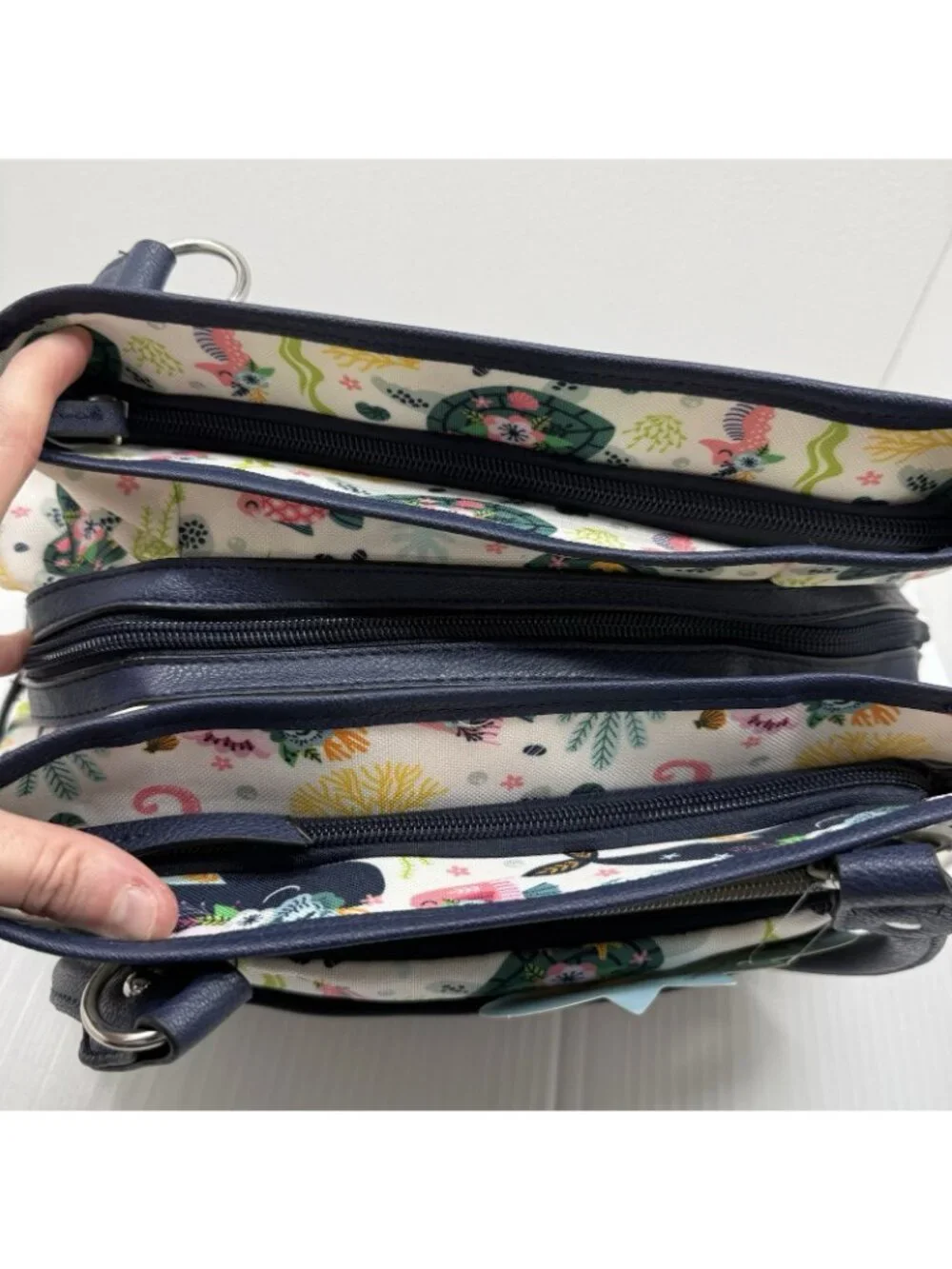 Lily Bloom Maggie Satchel OS Navy Multicolor Ocean Turtles Whales NWT Eco Purse